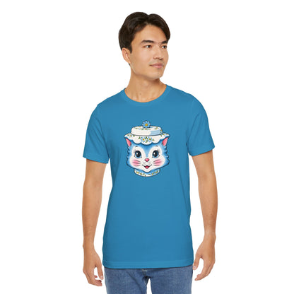 Mid Century Modern Kitschy Anthropomorphic Blue Cat with Floral Hat Unisex T-Shirt