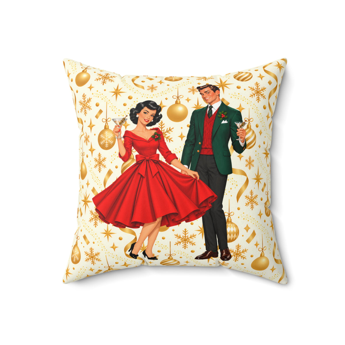 Mid Century Modern Christmas Party Martini Couple Pillow Insert and Cover