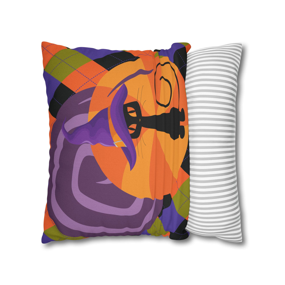 Atomic Cat Harlequin Pattern Orange Purple Black, Kitschy Halloween Pillow Cover - Mid Century Modern Gal