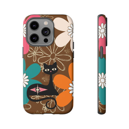 Atomic Cat Retro 70s Vibe Flower Power Tough Cases: Cute Floral and Cat Phone Case for Cat Lovers - Mid Century Modern Gal