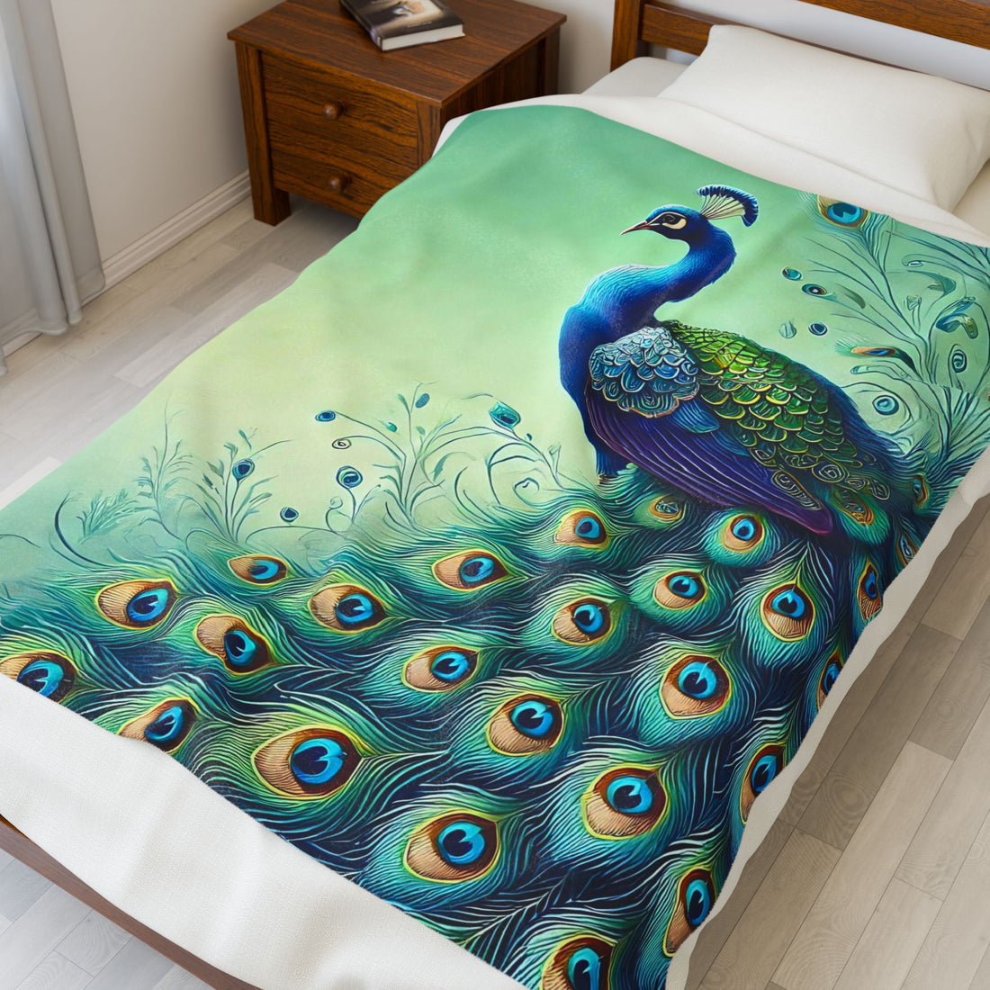 Chinoiserie Throw Blanket, Vibrant Peacock Velveteen Plush Blanket - Cozy Décor for Home and Gifts - Mid Century Modern Gal