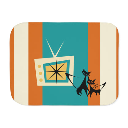 Atomic Kittie Cats, Mid Century Modern Teal, Orange Retro Cozy Cat-Themed Sherpa Blanket - Mid Century Modern Gal