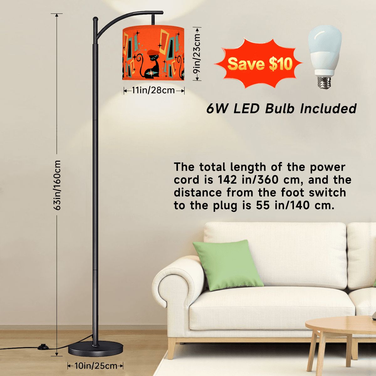 Mid Century Modern Atomic Cat , Orange Geometric Starburst Sputnik Designed Retro Arc Floor Lamp - Mid Century Modern Gal