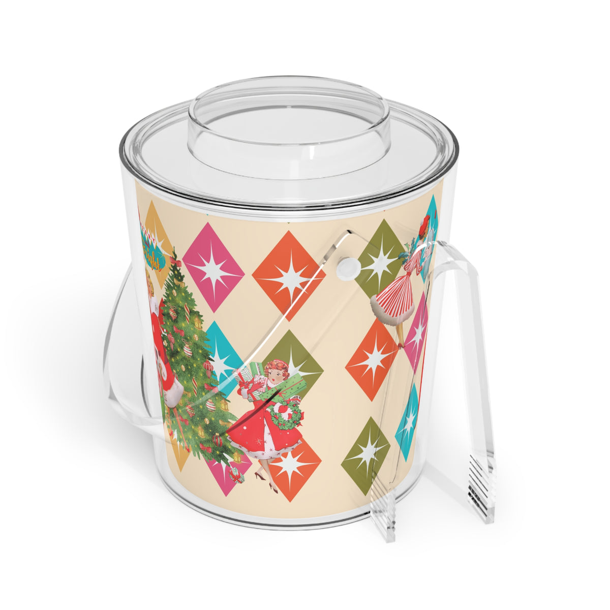Vintage Holiday Ice Bucket with Tongs, Retro Christmas Barware, Festive Drink Chiller, Holiday Party Essential, Gift for Hosts - Mid Century Modern Gal