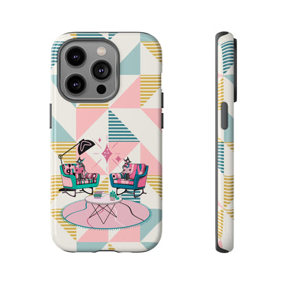 Atomic Cats Reading, Book Talk, Book Lover, Retro Chic Phone Case with Retro Vibe - Cozy Living Room Design - Mid Century Modern Gal