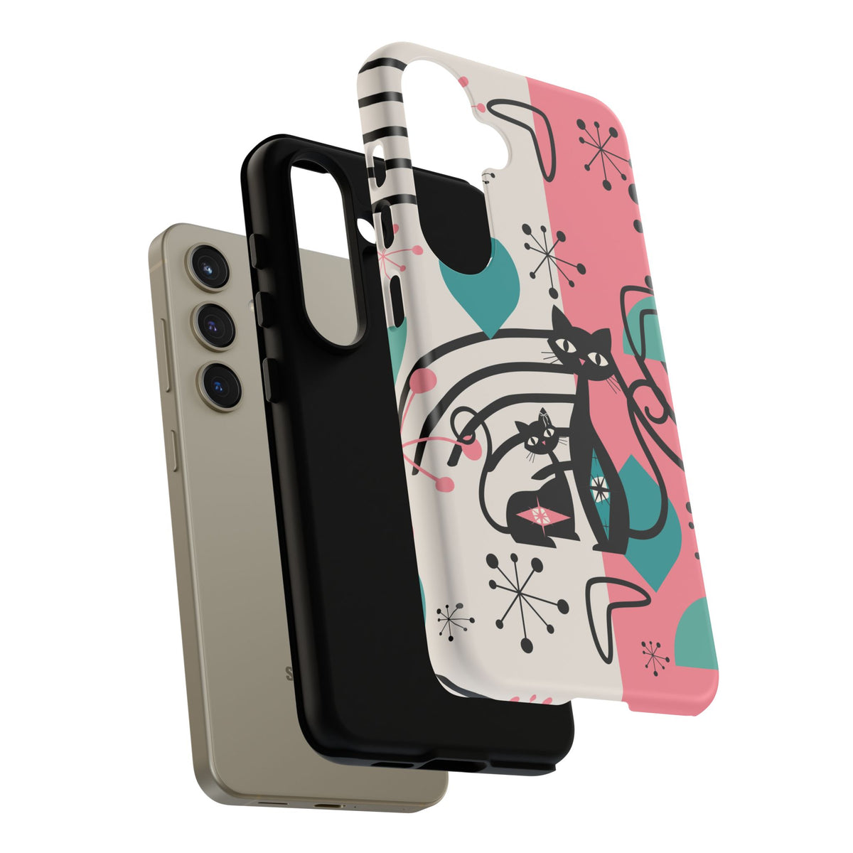 Mid Mod Atomic Cat Boomerang Starburst, Pink, Black Kitschy Stylish Cat Phone Case: Modern Design for Cat Lovers