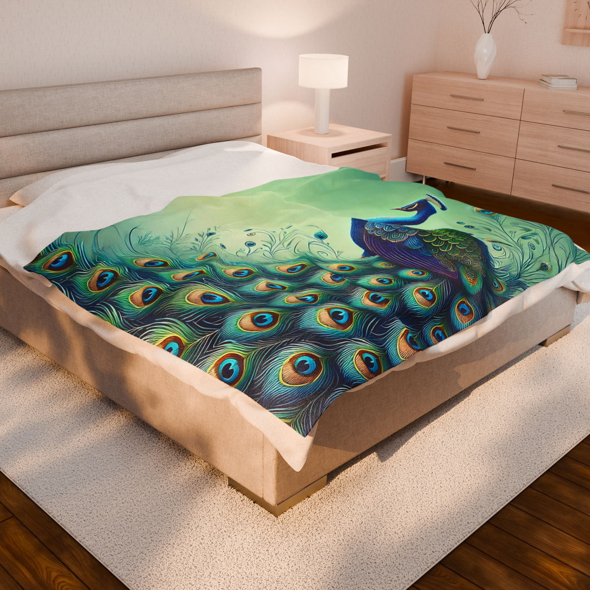 Chinoiserie Throw Blanket, Vibrant Peacock Velveteen Plush Blanket - Cozy Décor for Home and Gifts - Mid Century Modern Gal