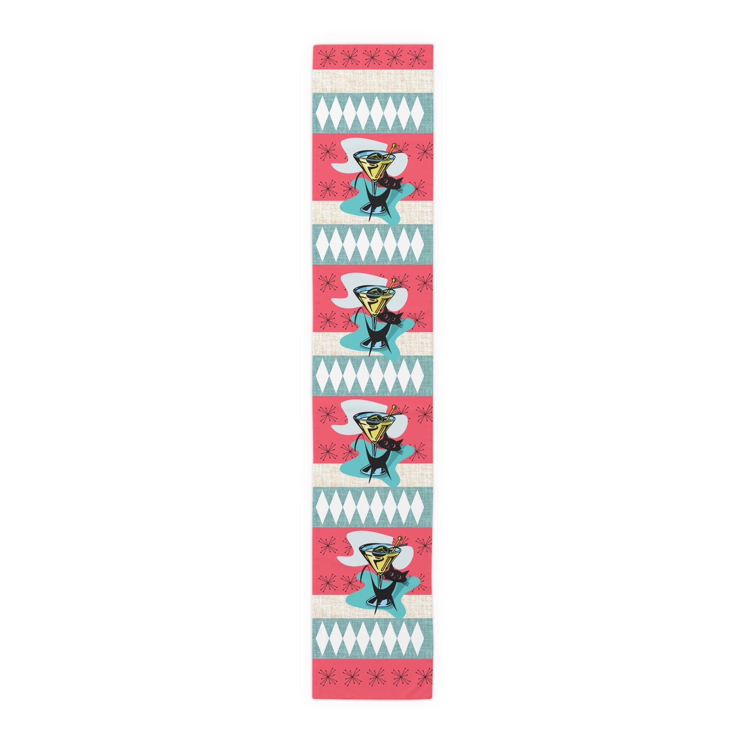 Atomic Martini Cat, Mid Mod Coral, Aqua, Starbursts Mid Century Modern Barware Table Runner - Mid Century Modern Gal