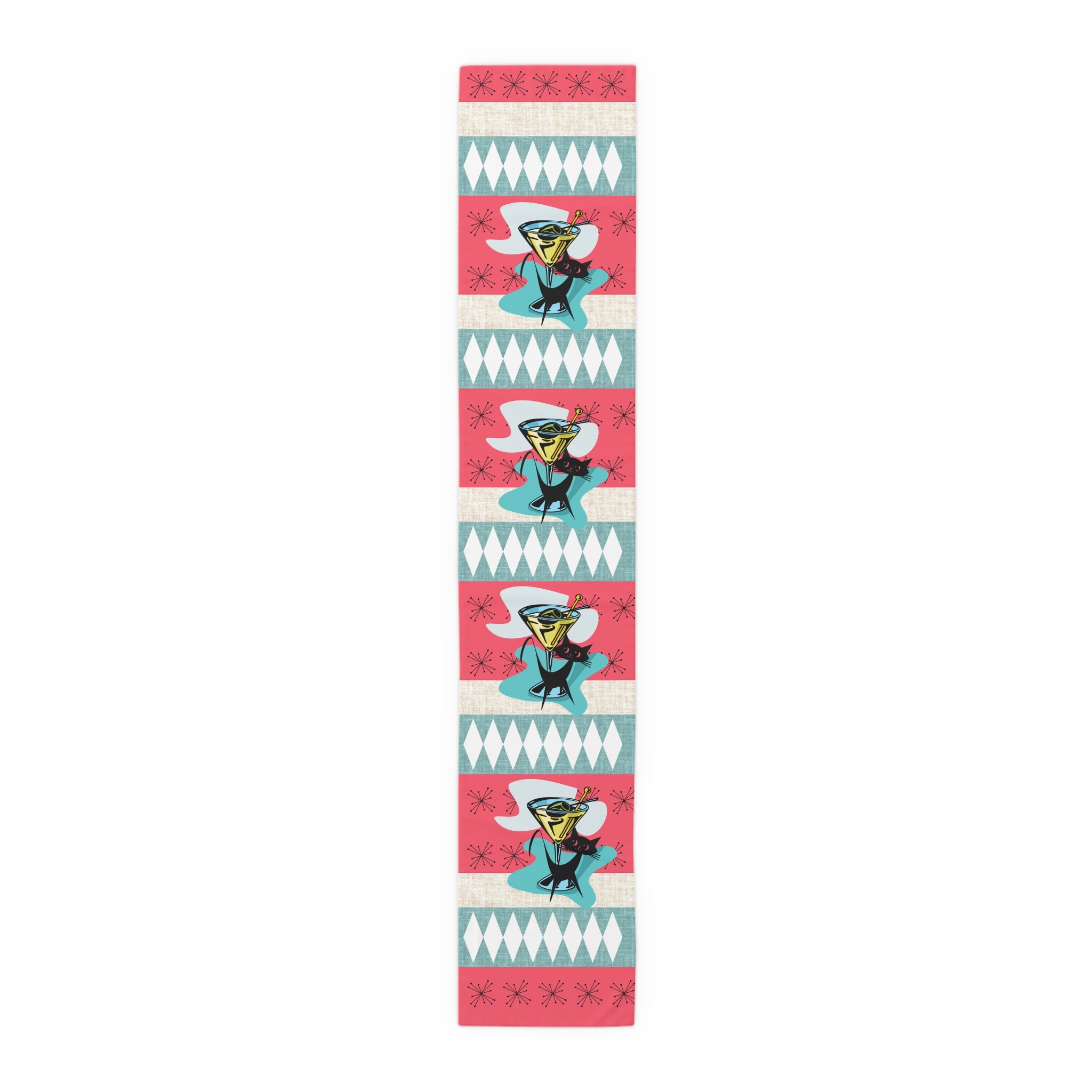 Atomic Martini Cat, Mid Mod Coral, Aqua, Starbursts Mid Century Modern Barware Table Runner - Mid Century Modern Gal