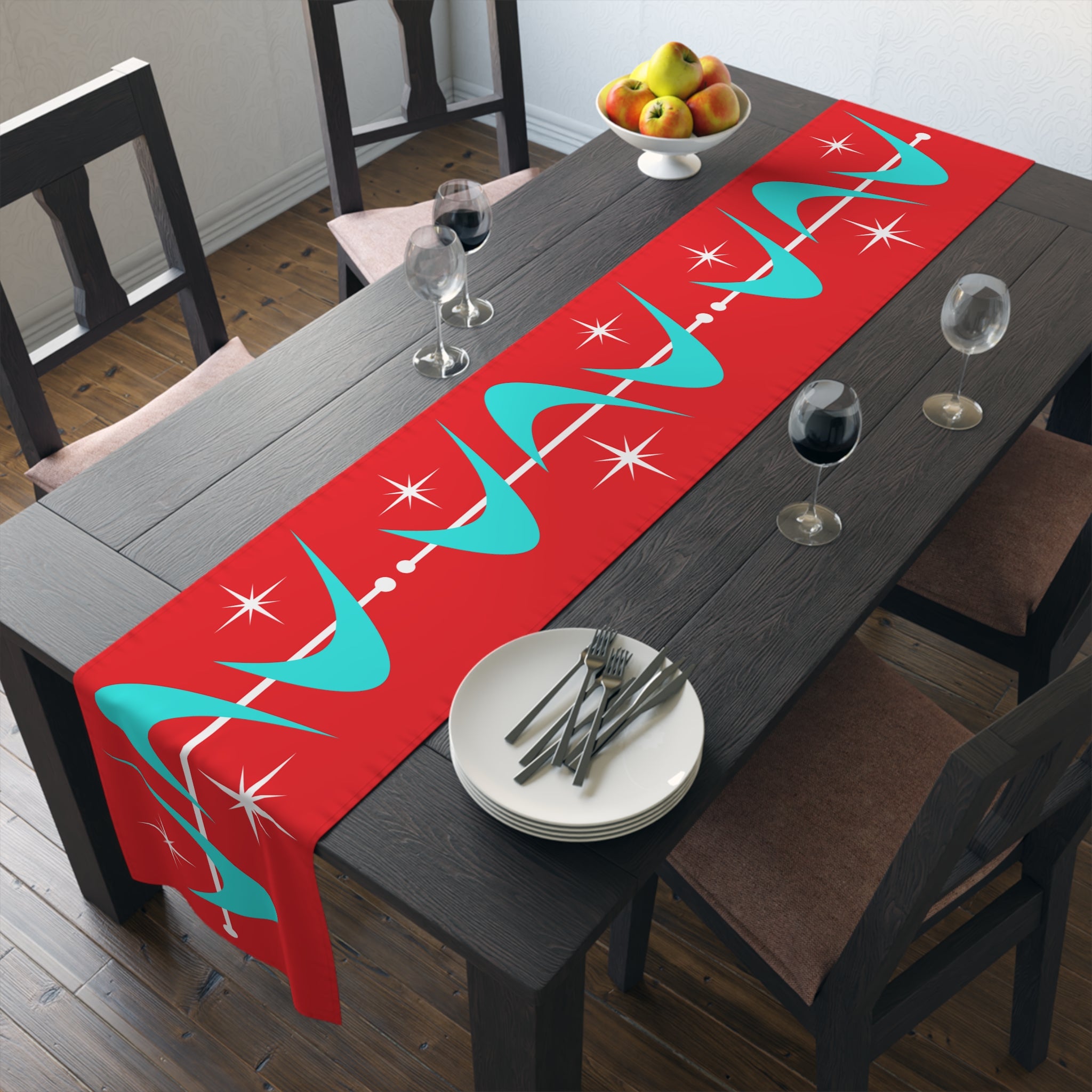 Retro Christmas Red Atomic Boomerang Mid Century Modern Aqua Blue, White Star Burst Table Runner - Mid Century Modern Gal