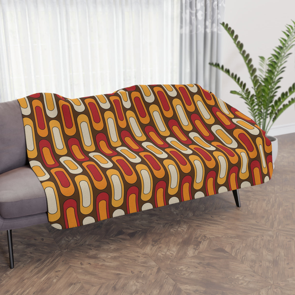 Mid Century Modern Blanket, Geometric Brown, Mustard Yellow, Burnt Red Cozy Retro Tan Sherpa Blanket - Mid Century Modern Gal