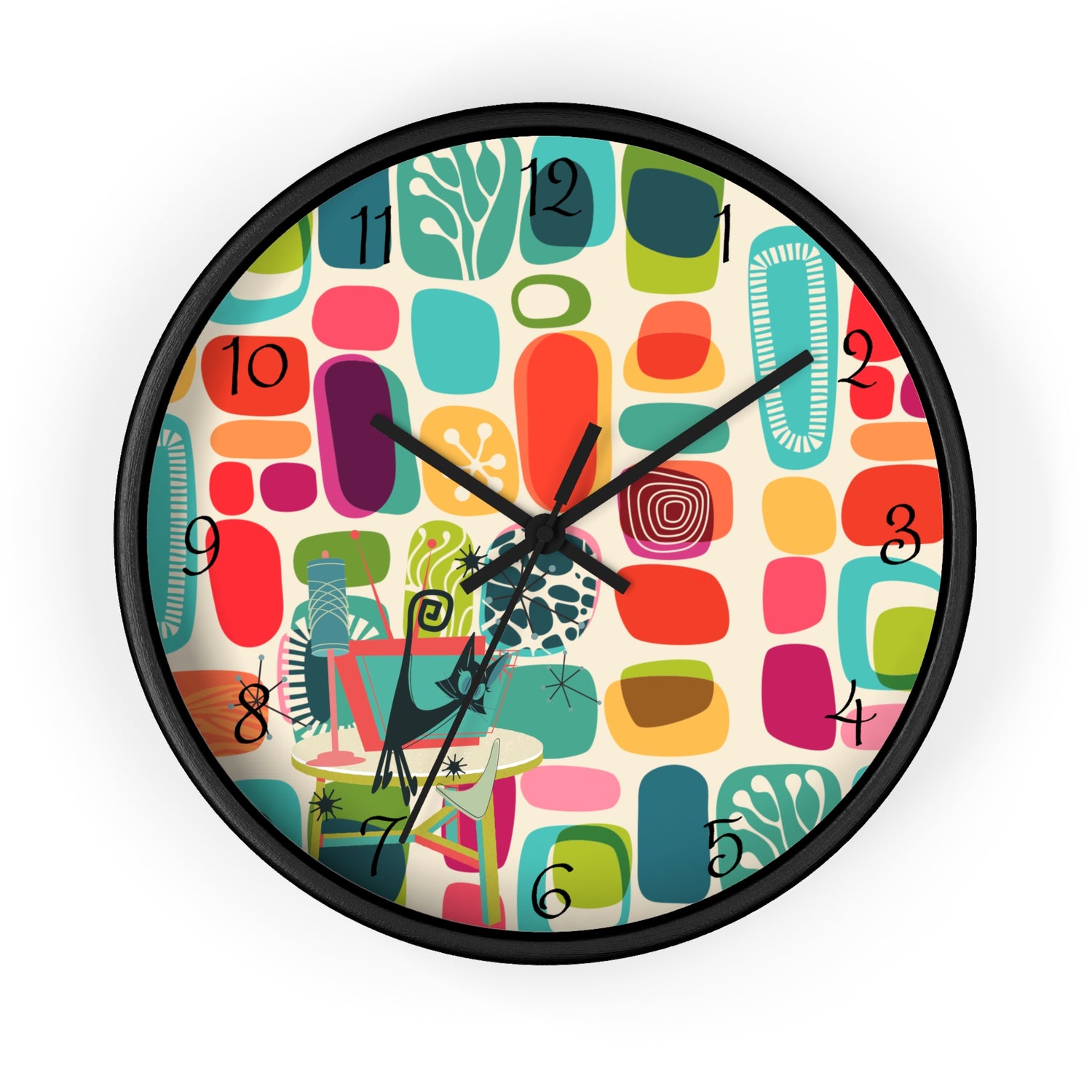 Mid Mod Amoeba Design With Kitschy Atomic Cat, Quirky Fun Retro Wall Clock