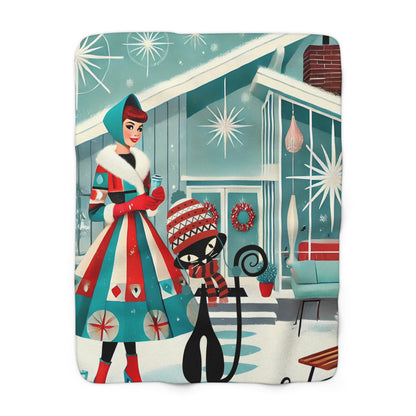 Atomic Cat Mid Century Modern Winter Haven, Vintage Christmas Sherpa Fleece Blanket - Cozy Winter Decor - Mid Century Modern Gal