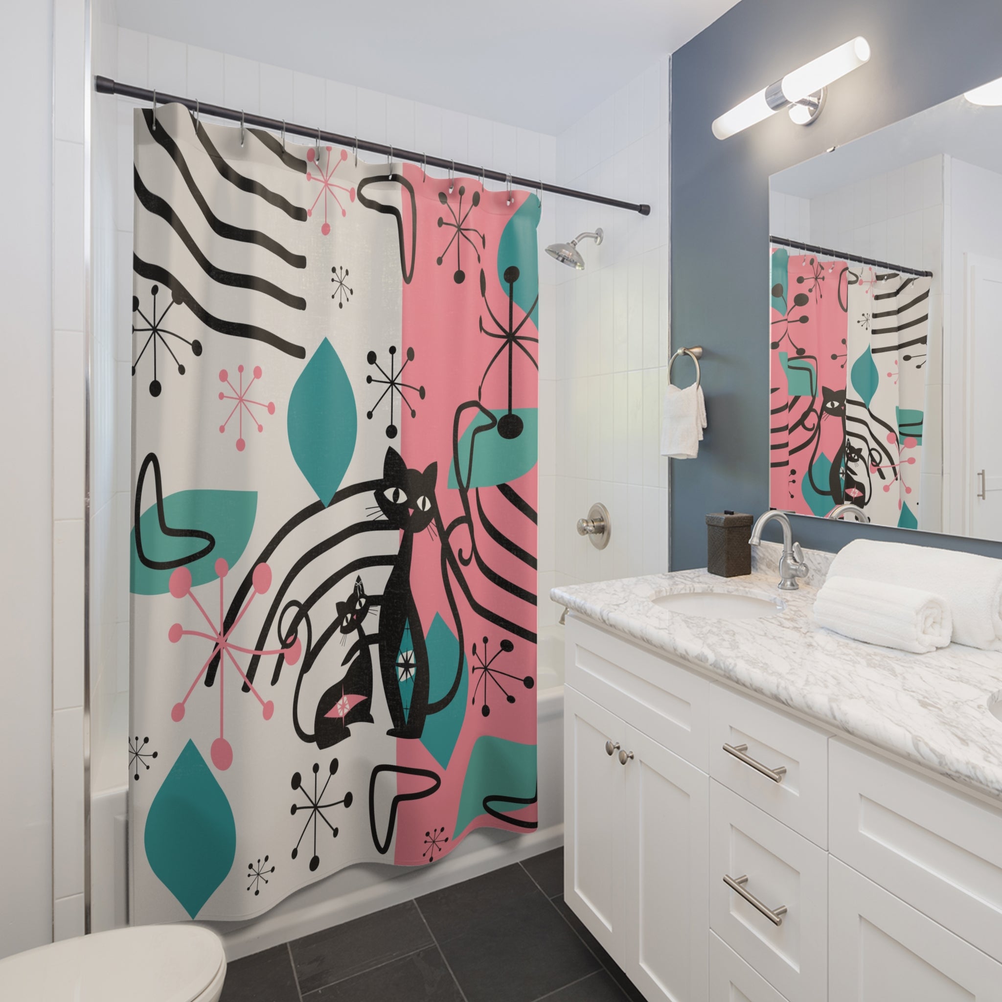 Mid Century Modern Atomic Kitschy Cats, Pink, Aqua Retro Bathroom Shower Curtain - Mid Century Modern Gal