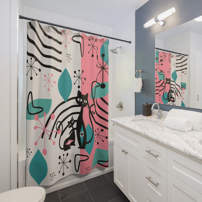 Mid Century Modern Atomic Kitschy Cats, Pink, Aqua Retro Bathroom Shower Curtain - Mid Century Modern Gal