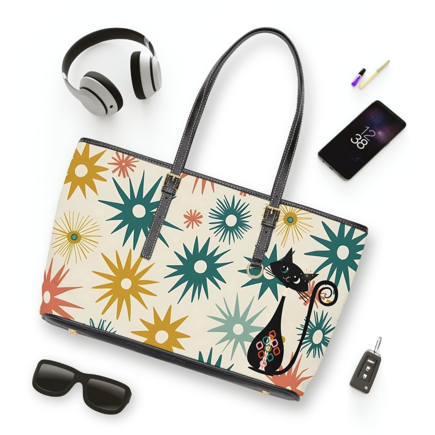 Atomic Cat, Mid Mod Starburst Stylish Shoulder Bag with Whimsical Cat &amp; Star Design - Mid Century Modern Gal