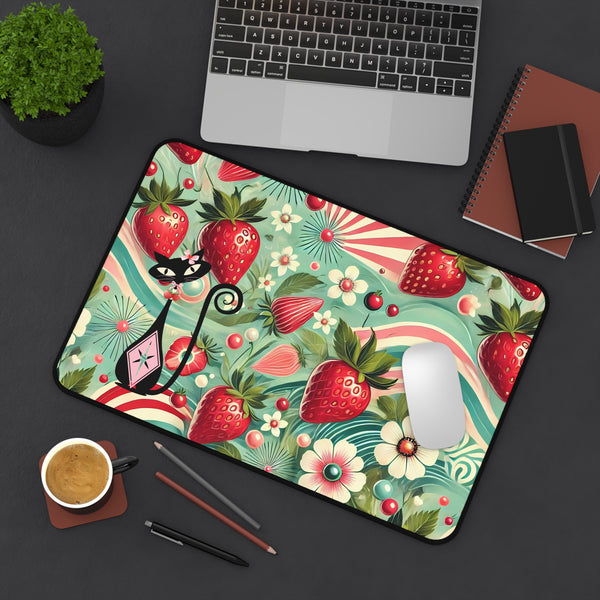 Atomic Cat Retro Strawberry Groovy Colorful Strawberry Cat Desk Mat - Fun Floral Office Decor