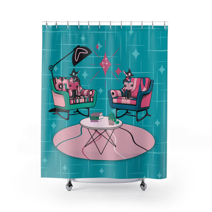 Mid-Century Modern Shower Curtain - Retro Cat Design For Book Lover, Book Club Gals Stylish Bathrooms - Mid Century Modern Gal