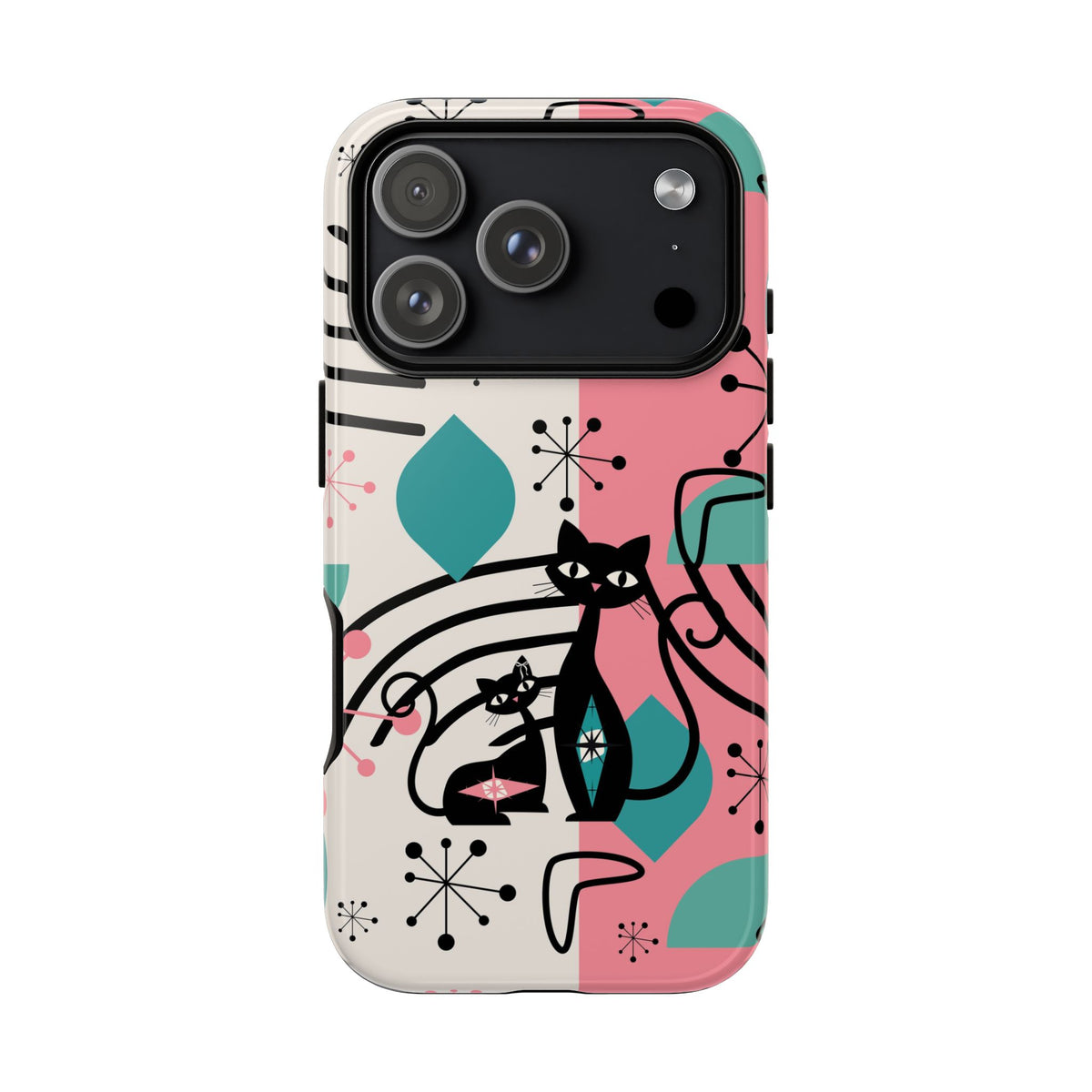Mid Mod Atomic Cat Boomerang Starburst, Pink, Black Kitschy Stylish Cat Phone Case: Modern Design for Cat Lovers