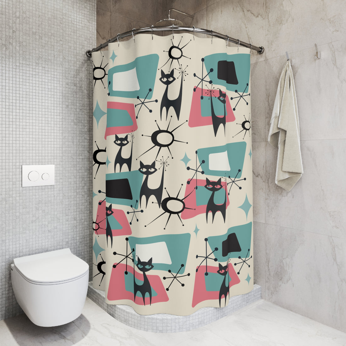 Atomic Space Kitties In Flight, Mid Century Modern Shower Curtain - Mid Century Modern Gal