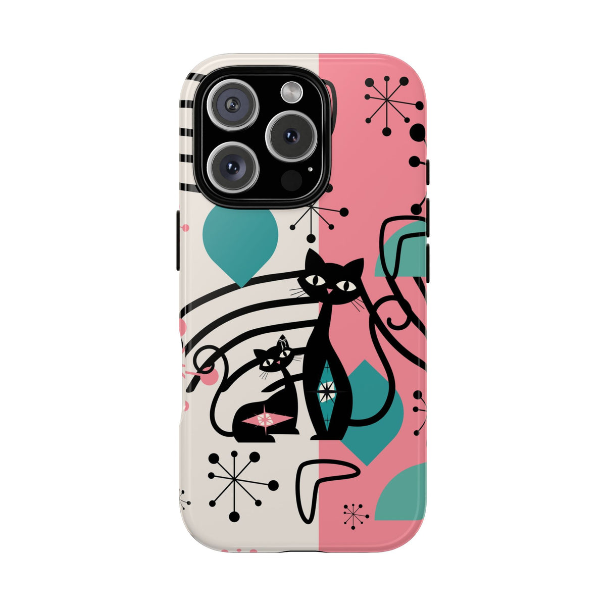 Mid Mod Atomic Cat Boomerang Starburst, Pink, Black Kitschy Stylish Cat Phone Case: Modern Design for Cat Lovers