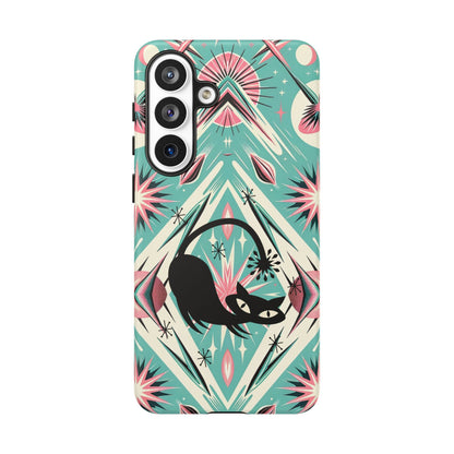 Atomic Cat, Mid Century Modern Aqua Blue, Pink, Starbursts Tough Phone Case