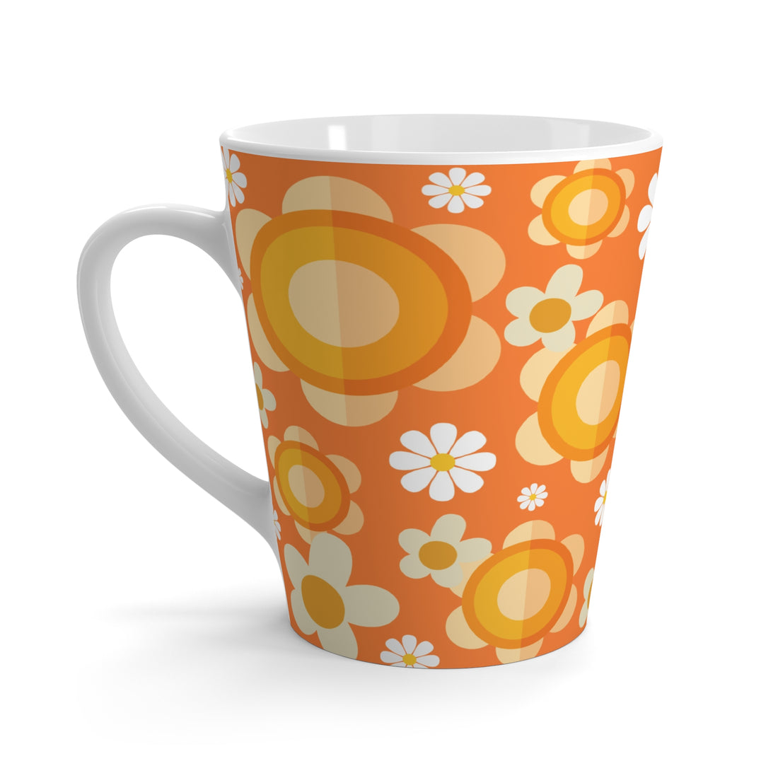 Retro Floral Latte Mug - Bright Orange Flower Design for Coffee Lovers - Mid Century Modern Gal