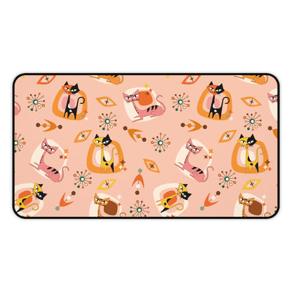 Atomic Cat Desk Mat, Mid Century Modern Office Kitschy Coral Cute Kitties Office Decor