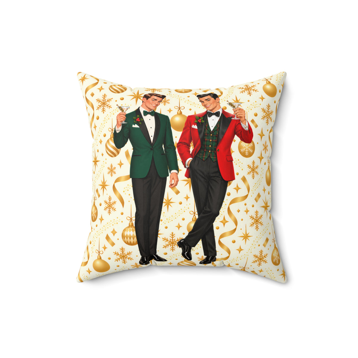 Mid Century Modern Christmas Martini Dapper Gay Male Couple Pillow Cover and Insert