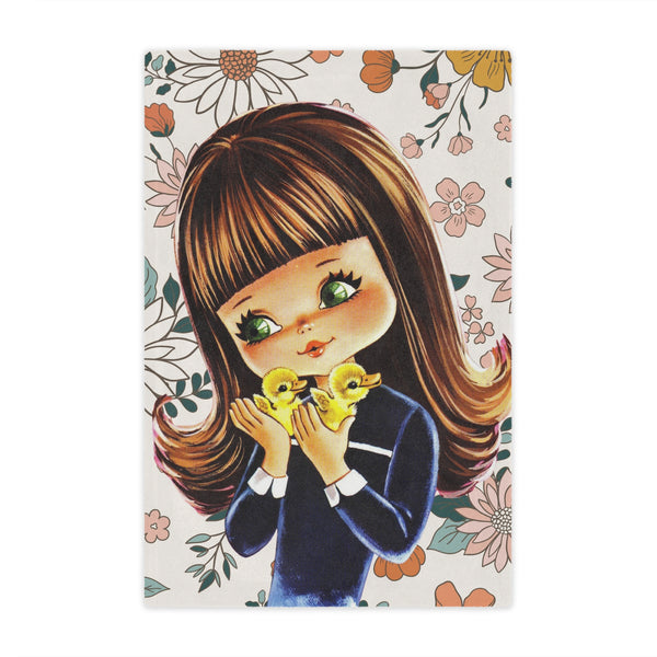 70's Groovy Style, Big Eyed Girl,  Brown Hair, Flower Power, Baby Ducklings, Retro 1970's Home Decor Minky Blanket