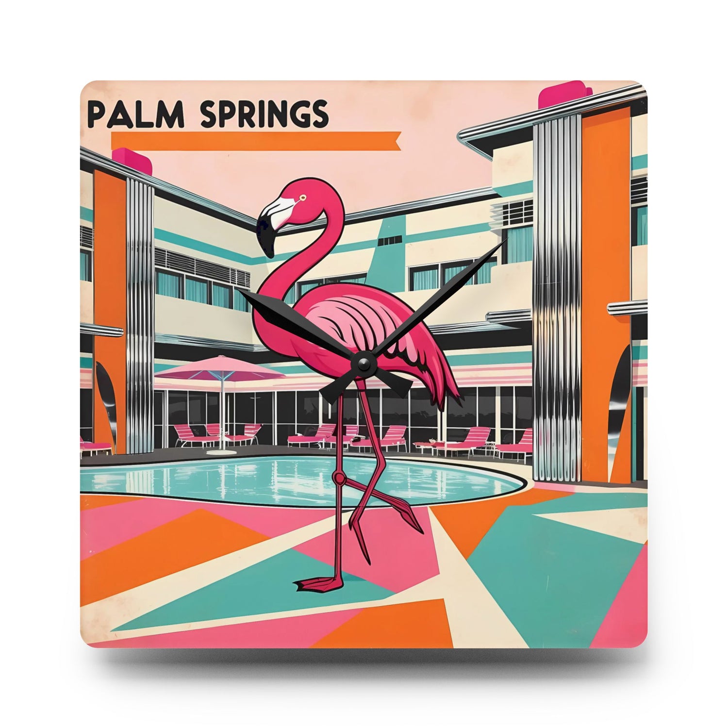 Retro Palm Springs Flamingo Wall Clock - Fun Home Decor for Beach Lovers, Gift for Housewarming, Summer Vibes - Mid Century Modern Gal