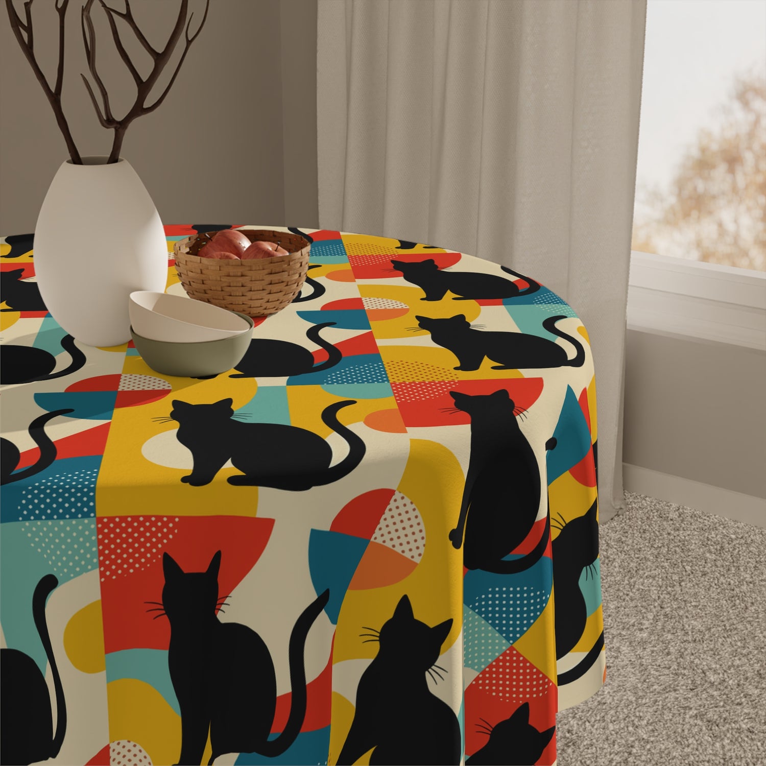Pop Art Black Atomic Cats, Red Blue Yellow, Tablecloth - Mid Century Modern Gal