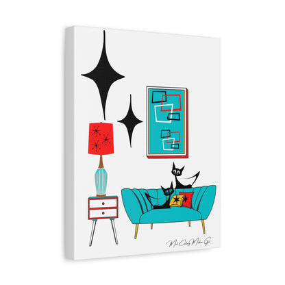 Mid Century Modern Wall Art, Atomic Cat Living Room Retro. Teal Blue, Red, Black Canvas Art - Mid Century Modern Gal