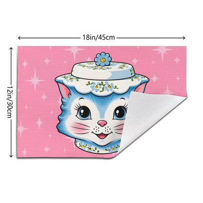 Mid Century Modern Kitschy Anthropomorphic Blue Cat with Floral Hat Placemat 1pc - Mid Century Modern Gal