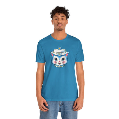 Mid Century Modern Kitschy Anthropomorphic Blue Cat with Floral Hat Unisex T-Shirt