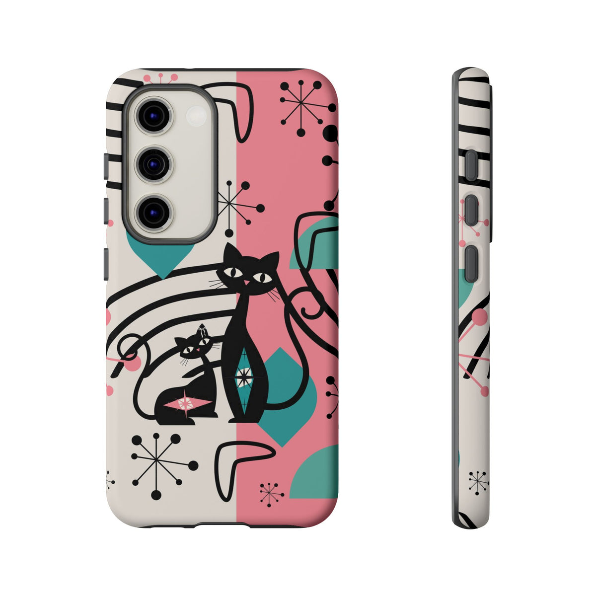 Mid Mod Atomic Cat Boomerang Starburst, Pink, Black Kitschy Stylish Cat Phone Case: Modern Design for Cat Lovers - Mid Century Modern Gal