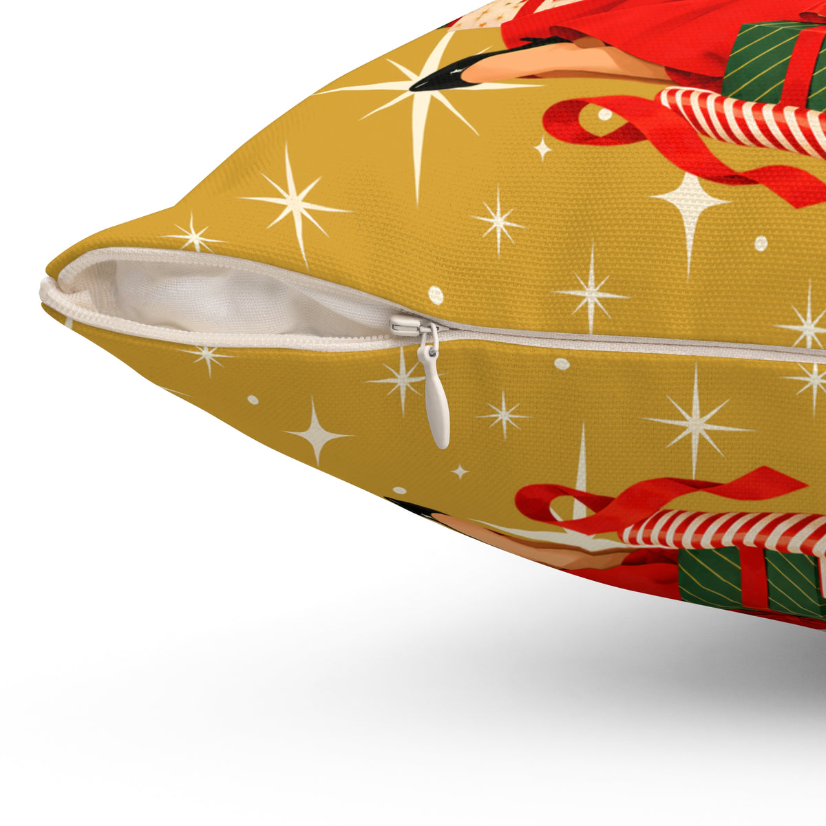 Mid Century Modern Christmas Glamour Gal Wrapping Presents by Tree, Gold Atomic Starbursts Pillow Cover and Insert - Mid Century Modern Gal