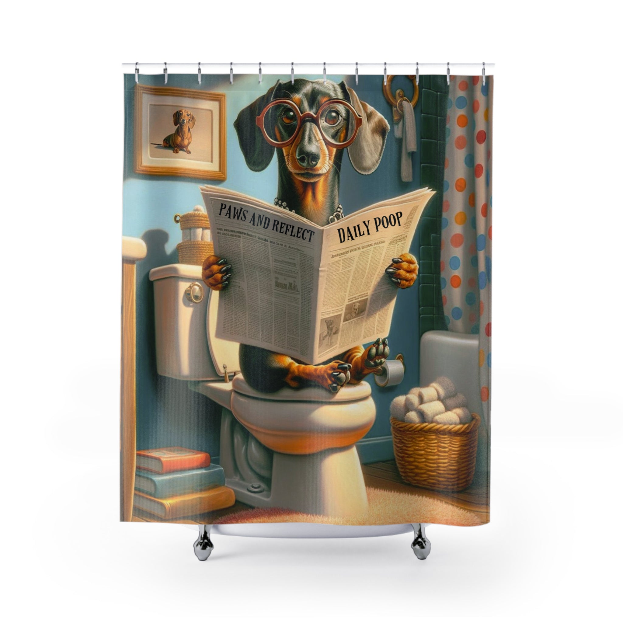 Mid Century Modern Dachshund Doxie Dog Funny Bathroom Humor Retro Style Shower Curtains
