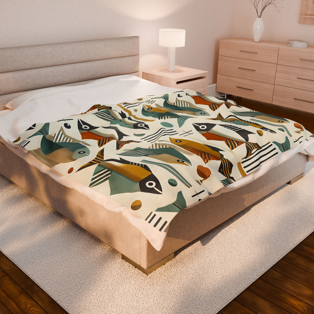 Mid Century Modern Bauhaus Colorful Fish Pattern Plush Blanket for Cozy Living Spaces - Mid Century Modern Gal