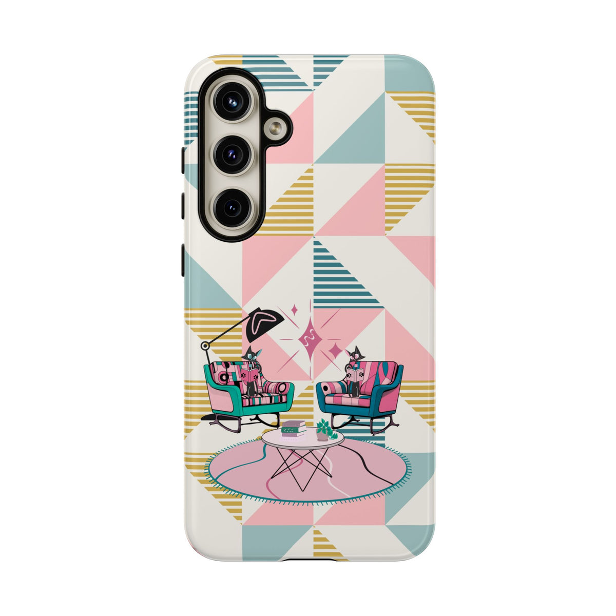 Atomic Cats Reading, Book Talk, Book Lover, Retro Chic Phone Case with Retro Vibe - Cozy Living Room Design - Mid Century Modern Gal