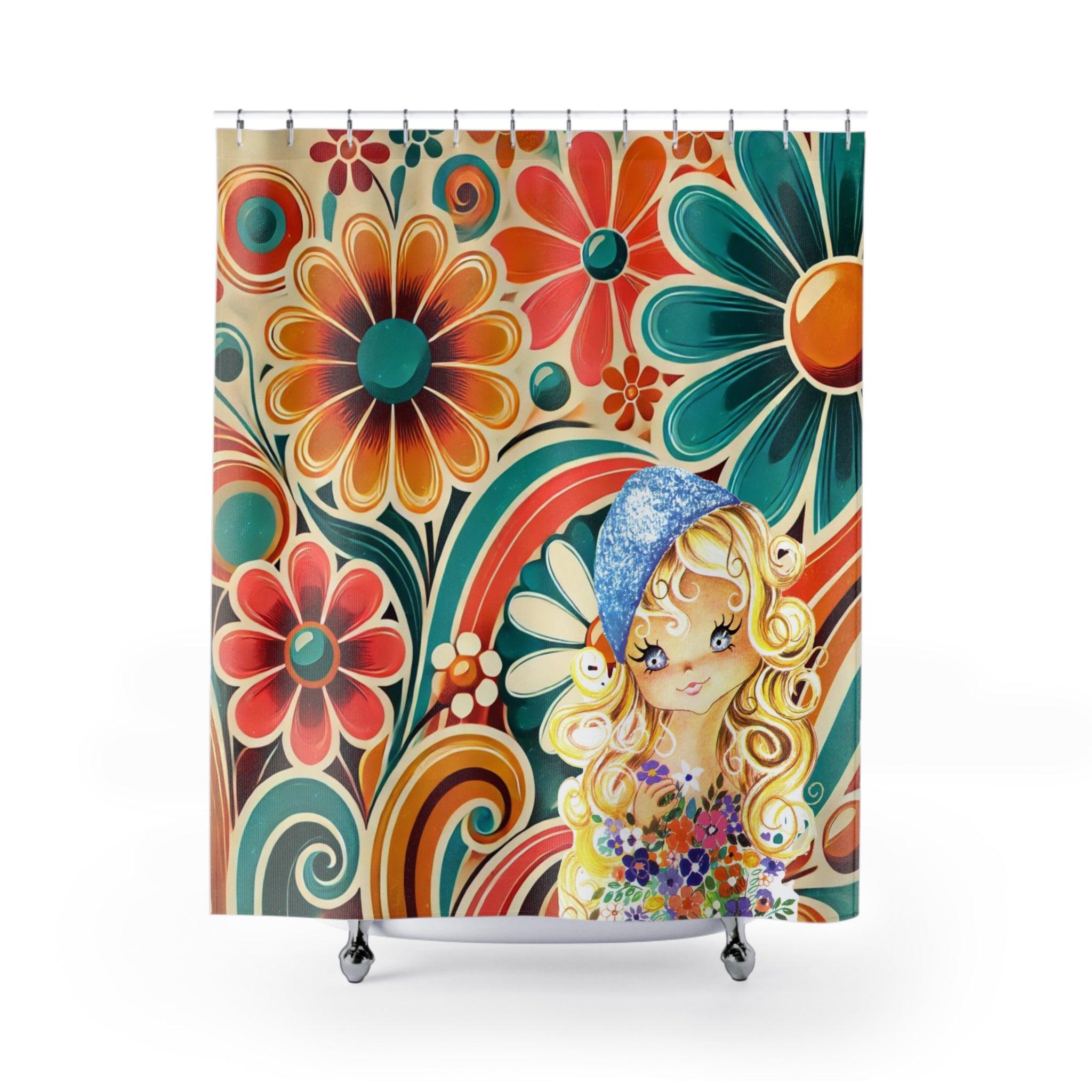 70s Hippie Pretty Big Eyed Girl Retro Floral Shower Curtain - Bohemian Bathroom Decor - Mid Century Modern Gal