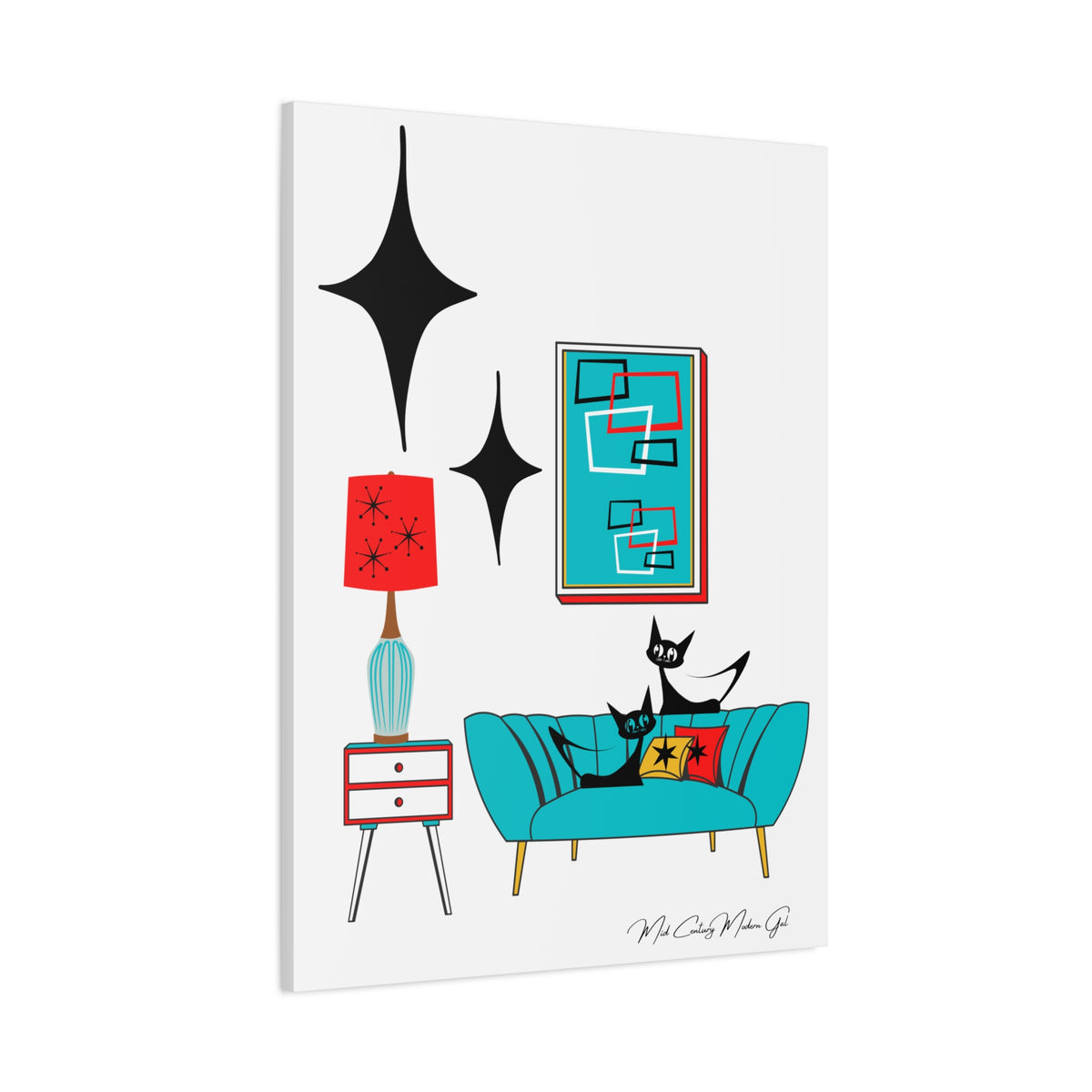 Mid Century Modern Wall Art, Atomic Cat Living Room Retro. Teal Blue, Red, Black Canvas Art - Mid Century Modern Gal