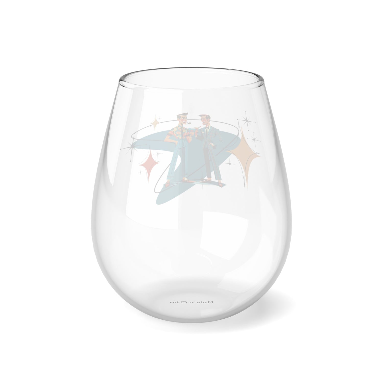 Mid Mod Gentleman, Atomic 50s Style Stemless Wine Glass, 11.75oz