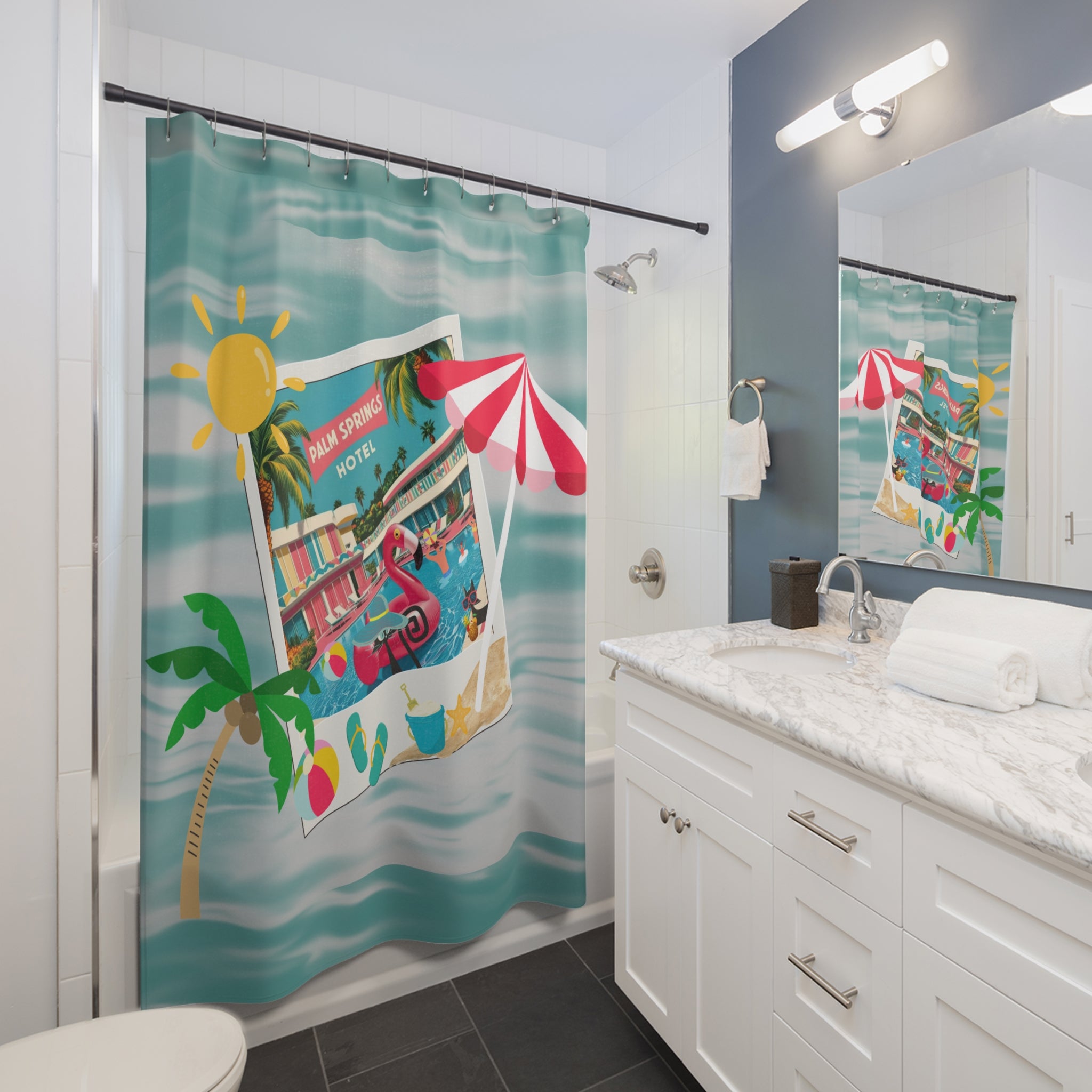 Palms Springs Hotel, Kitschy Flamingo, Atomic Cats Tropical Palm Springs Shower Curtain - Retro Summer Vibes - Mid Century Modern Gal