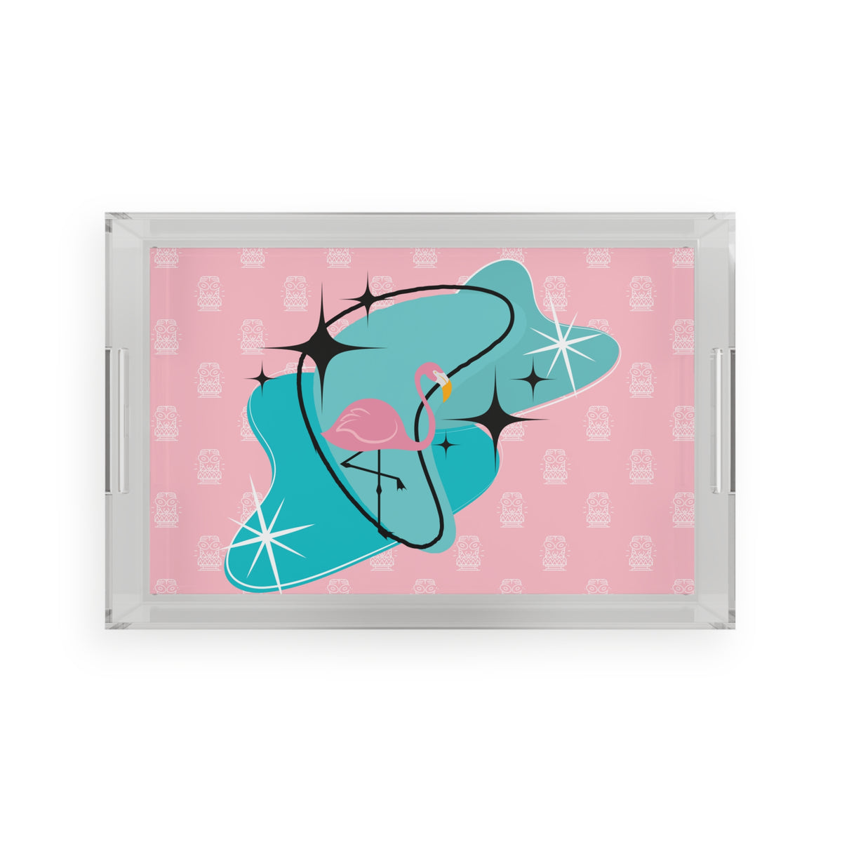 Pink Flamingo, Retro Tiki Pink, Aqua Blue Ottomon Acrylic Serving Tray - Mid Century Modern Gal