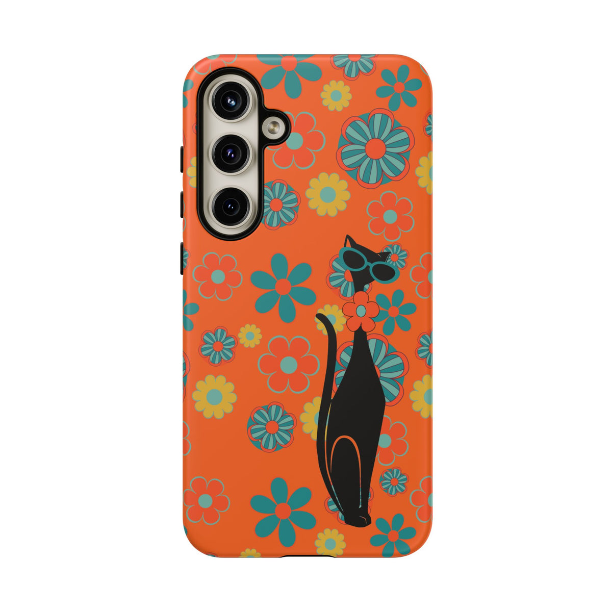 Flower Power, Retro Groovy Atomic Cat, Hipster Style Orange Samsung Galaxy and Google Pixel Tough Cases