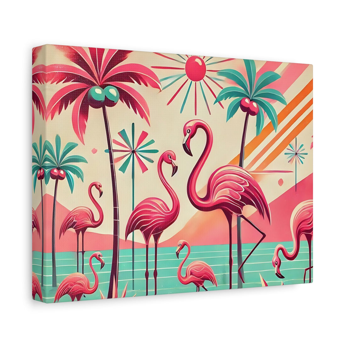 1950s Mid Century Modern Flamingo Art, Kitschy Pink, Teal, MCM Matte Canvas