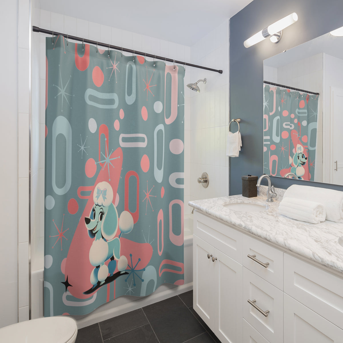 Mid Century Modern Atomic 50s Kitschy Cute Poodle Retro Shower Curtain - Mid Century Modern Gal