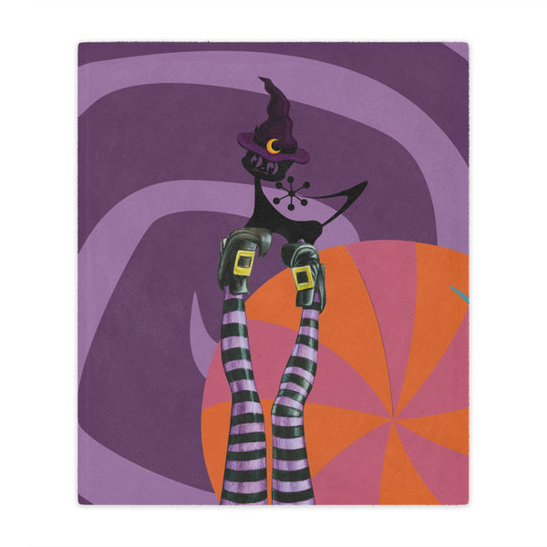 Retro Halloween Atomic Cat Kitschy Witch, Mod Purple, Orange MCM Minky Blanket
