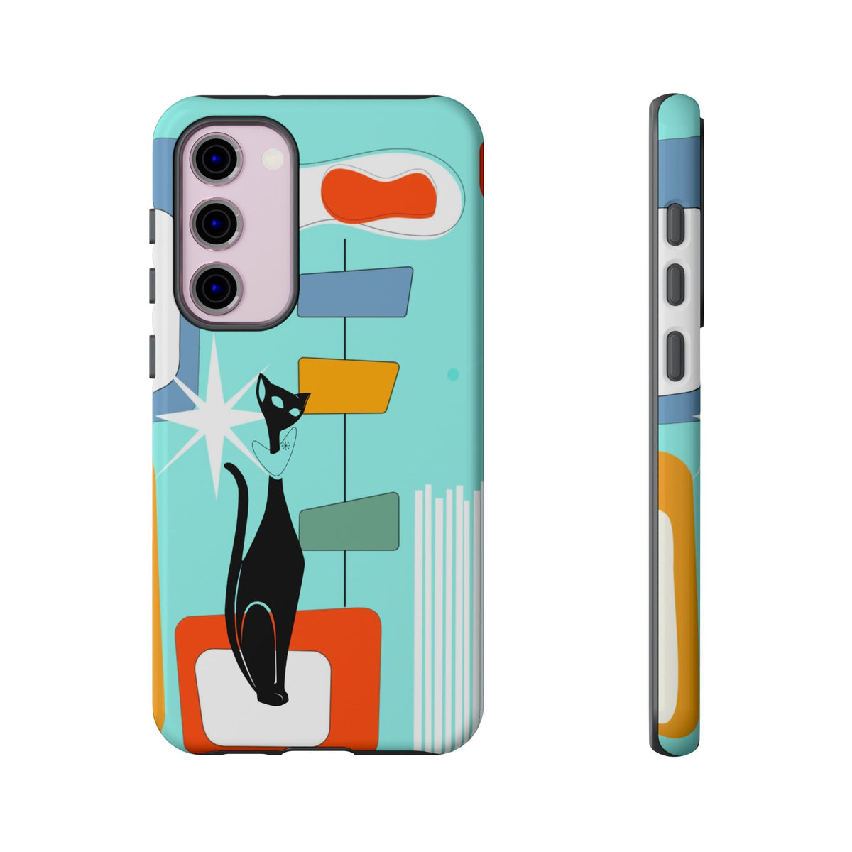 Atomic Cat, Mid Mod Aqua Blue, Geometric, Samsung, Google Pixel, Apple iPhone Tough Cases - Mid Century Modern Gal
